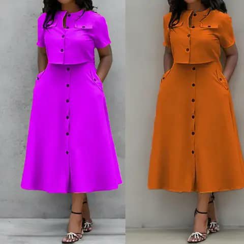 Two women wearing matching button-front top-and-skirt sets in magenta and orange.