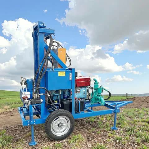 Blue wheeled water drilling rig with pump, standing in a field