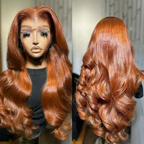 A long wavy copper-coloured wig shown front and back on a mannequin head.