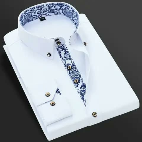 A white shirt with blue floral trim inside the collar and placket.