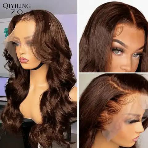 Three views of a dark-brown body-wave wig on a mannequin head, including lace close-ups.