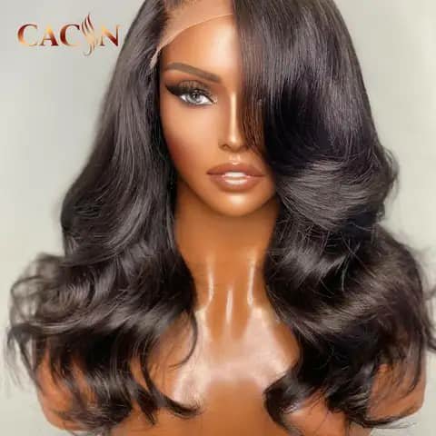 A mannequin head wearing a dark wavy wig with a side part.