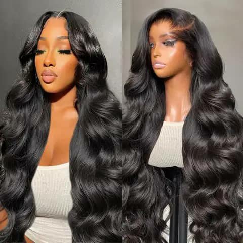 Two views of a long dark body-wave wig, worn by a woman and on a mannequin.