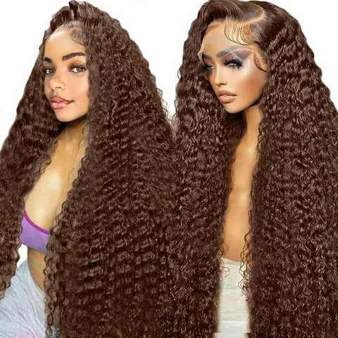 Two views of a woman wearing a long curly brown wig.
