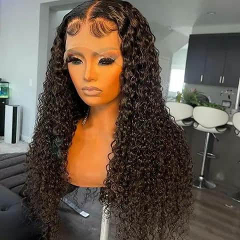 A long curly dark brown wig on a mannequin head.