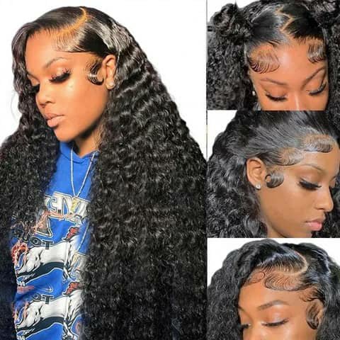 Collage of a long dark deep-wave wig with a main view and three close-up views.