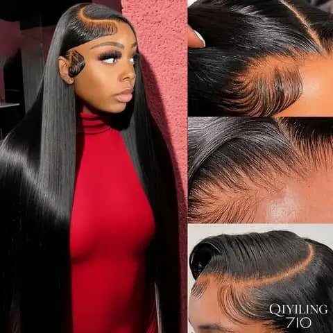 Collage of a long straight black wig worn by a woman in red, with three hairline close-ups.