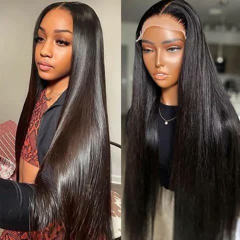 A woman wearing long straight black hair beside a mannequin wearing a long straight black lace-front wig.