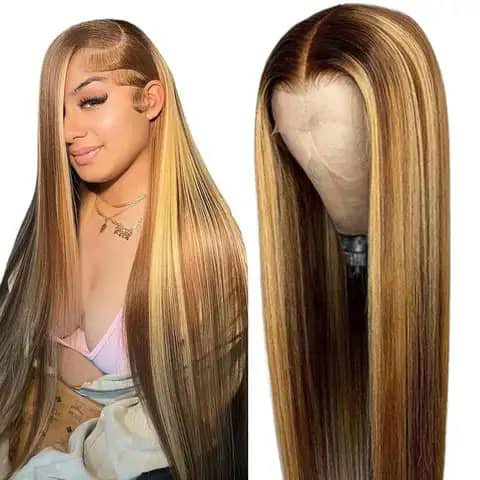 Two views of a long straight wig with blonde highlights, worn by a woman and on a mannequin.