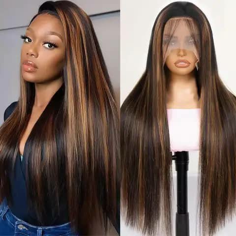 Two views of a long straight highlighted wig, one worn and one on a mannequin.