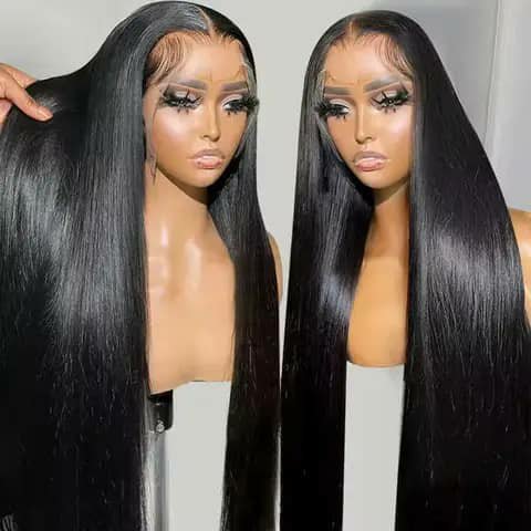 Two views of a long straight jet-black wig on a mannequin head.