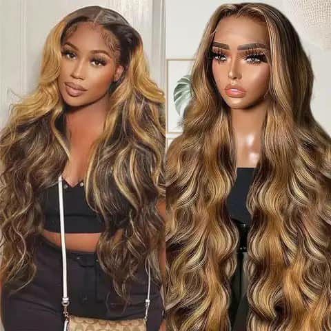 Two views of a long wavy wig with blonde and brown highlights.