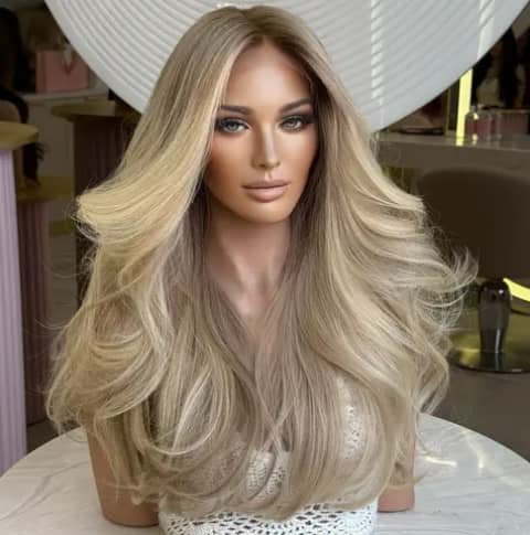 A mannequin head wearing a long wavy blonde wig.