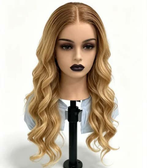 A mannequin head wearing a long wavy honey-blonde wig.
