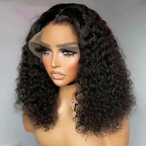 A mannequin head wearing a short curly dark wig with a lace front.
