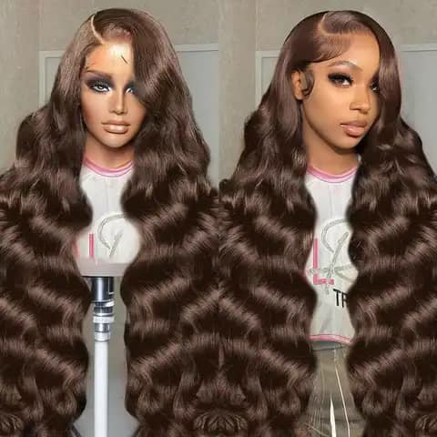 Two views of a very long dark-brown deep-wave wig on a mannequin and worn by a woman.